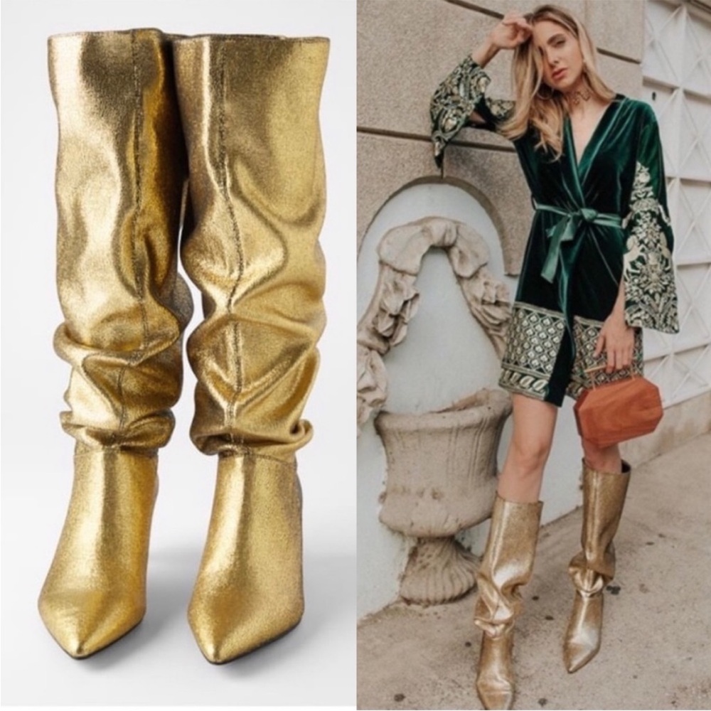 *New Years Day Sale*ZARA GOLD KITTEN HEEL POPULAR RUNWAY VOGUE STYLE TALL BOOTS